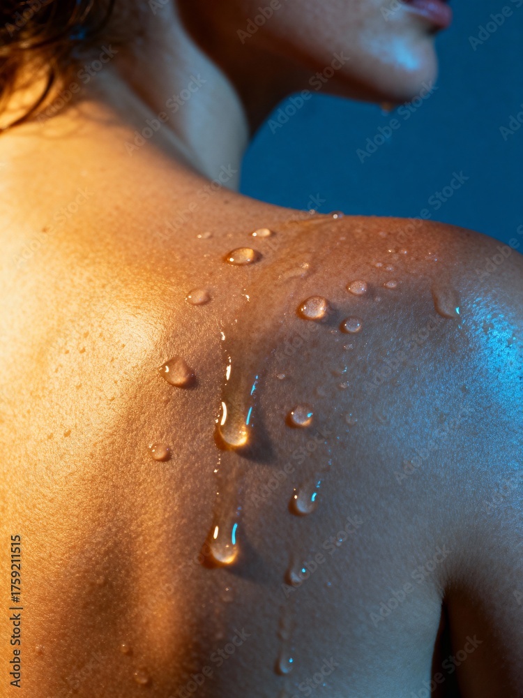 Fototapeta premium Closeup of water droplets on a persons shoulder and back, illuminated by warm and cool lighting