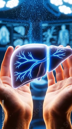 Human Hands Holding Liver Model with Blue Veins and Data Hologram Displaying Internal Anatomy with Futuristic Design and Organ Health and Regeneration Awareness Concept