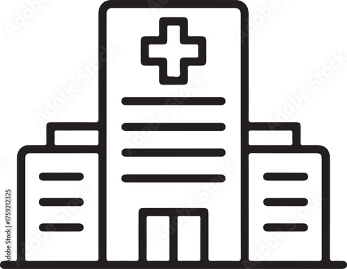 Simple line art icon of a modern hospital building with a cross symbol