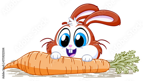 Adorable cartoon bunny with big blue eyes holding a large carrot