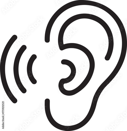 Simple outline icon of an ear with sound waves indicating hearing or listening