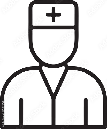 Simple line icon of a medical professional wearing a scrubs uniform and cap