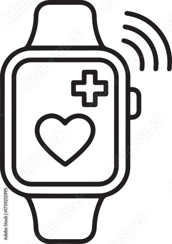 Smartwatch displaying heart rate and medical cross icon with wireless signal