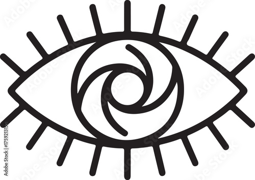 Mystical eye symbol with swirling spiral iris and eyelashes