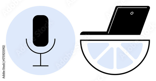 Microphone symbol for voice recognition and half a lime depicting a laptop. Ideal for innovation, creativity, technology, voice assistant, modern communication, podcasting, simplicity. A simple flat