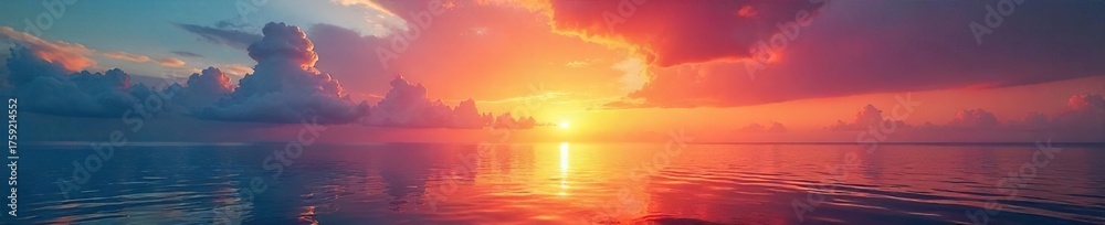 Obraz premium Breathtaking Sunrise Over Calm Ocean Vibrant Colors Reflecting on Tranquil Water, Perfect for Travel, Nature, and Serenity Themes