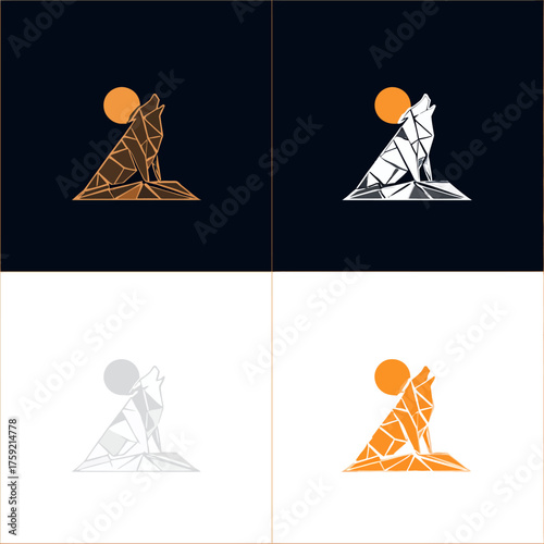 Geometric wolf silhouette howling at the moon design elements