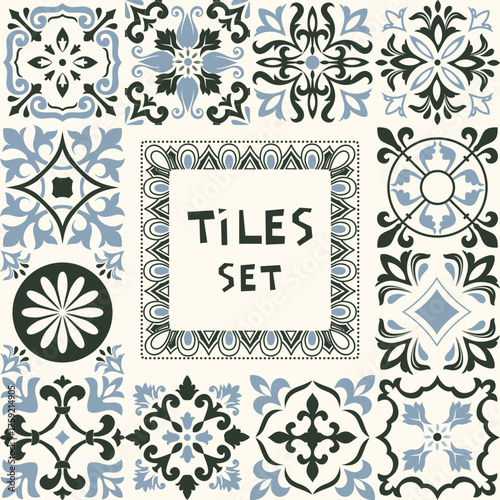 Set of tiles Azulejos in black, blue, white. Original traditional Portuguese and Spain decor. Seamless patchwork tile with Victorian motives. Ceramic tile in talavera style. Gaudi mosaic. Vector
