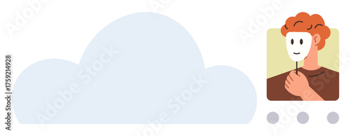 Cloud icon paired with a person holding a mask, symbolizing online anonymity, identity, privacy, and data security. Ideal for digital identity, online communication, privacy, self-expression social