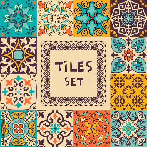 Collection of colorful tile with Islam, Arabic, Indian, ottoman motifs. Majolica pottery tile. Portuguese and Spain decor. Ceramic tiles. Vector illustration
