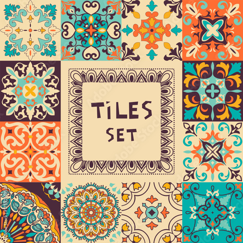Collection of colorful tile with Islam, Arabic, Indian, ottoman motifs. Majolica pottery tile. Portuguese and Spain decor. Ceramic tiles. Vector illustration
