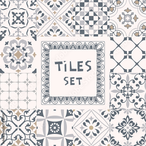 Set of tiles Azulejos in gray. Original traditional Portuguese and Spain decor. Seamless patchwork tile with Victorian motives. Ceramic tile in talavera style. Gaudi mosaic. Vector

