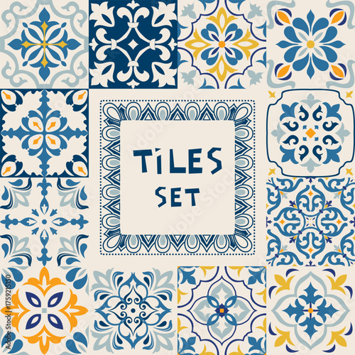 Set of tiles Azulejos in black, blue, white. Original traditional Portuguese and Spain decor. Seamless patchwork tile with Victorian motives. Ceramic tile in talavera style. Gaudi mosaic. Vector
