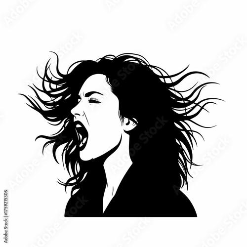 Black and White Angry Screaming Woman Portrait Illustration