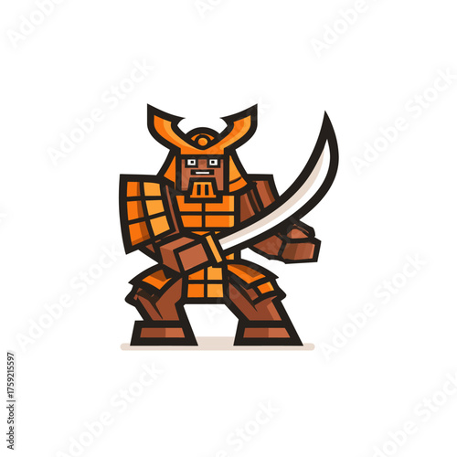 Stylized samurai illustration with katana standing ready on white background