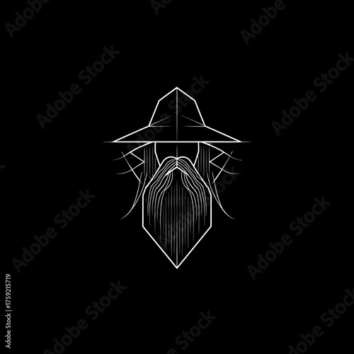 Abstract illustration of a bearded figure with a hat against a dark background