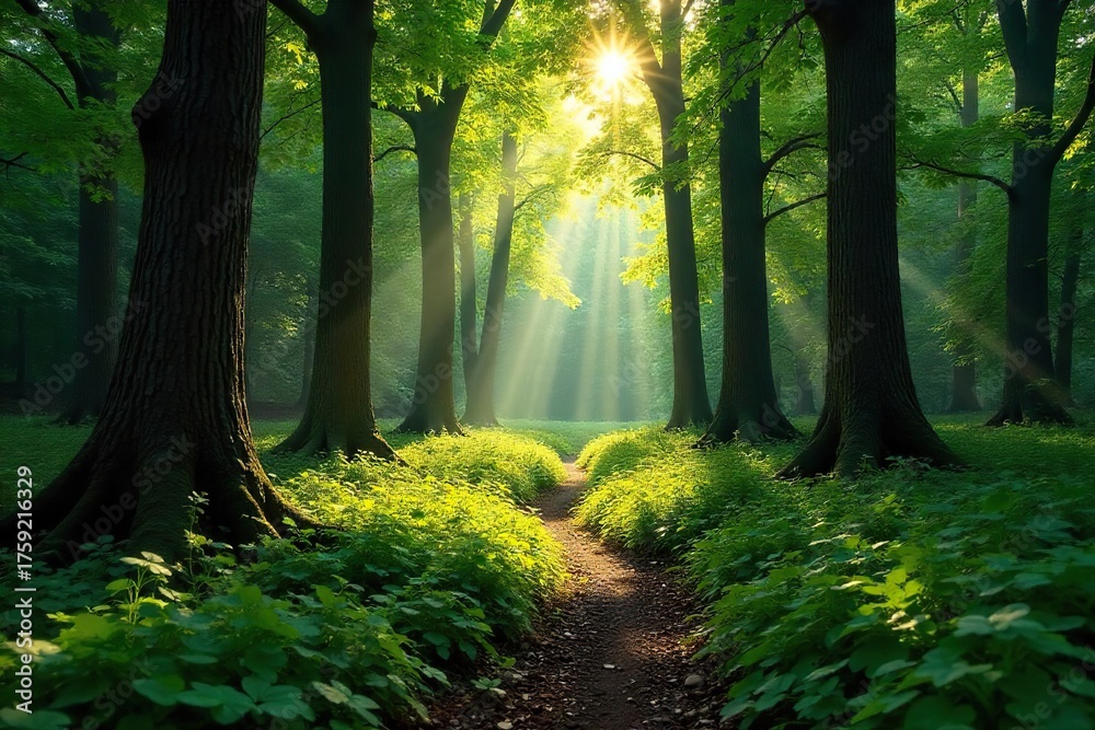 Naklejka premium Sun-Dappled Forest Floor Ancient Trees Reach for the Sky in a Tranquil Scene of Lush Green Undergrowth, Perfect for Nature Documentaries and Environmental Projects.