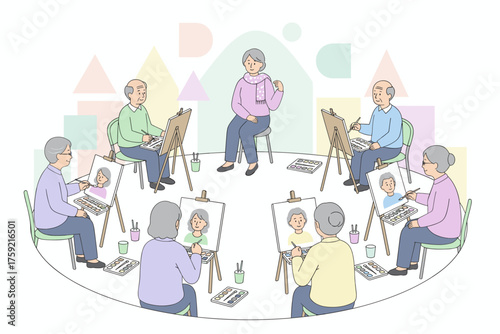 Elderly people painting portraits in an art class promoting creativity and community