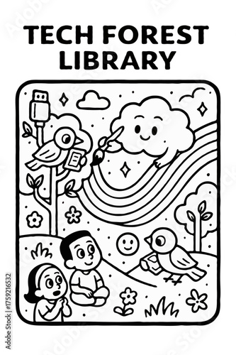 Tech Forest Library Coloring Page with Children Reading Books Among Trees Nature and Technology Integration Educational Activity Sheet