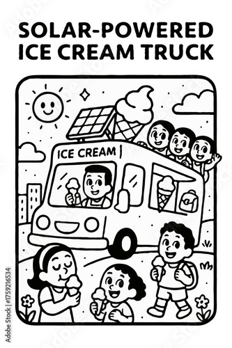 Solar-Powered Ice Cream Truck Coloring Page with Happy Children and Eco-Friendly Vehicle Design for Kids Educational Fun Activity