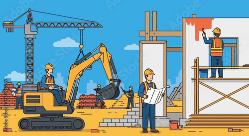 Construction site with workers excavator and crane building a structure Development and teamwork concept
