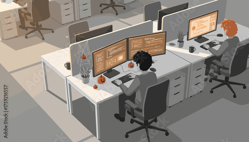 Team working productively in a modern office decorated for Halloween coding and collaborating