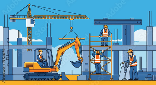 Workers and heavy machinery building a structure at a bustling construction site Industry labor development
