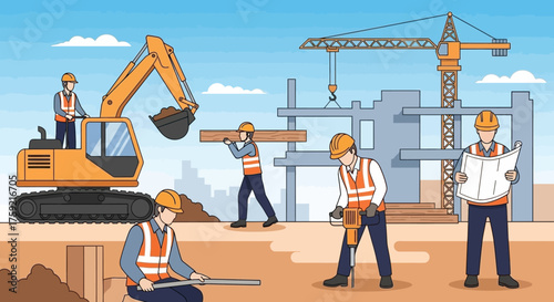 Construction crew working on a building site with excavator crane and blueprints