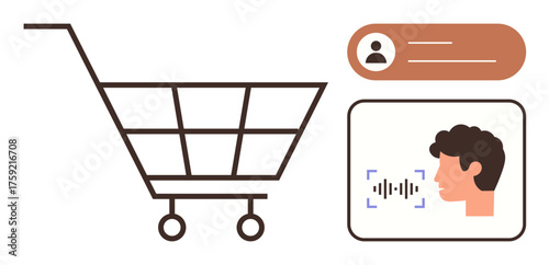 Shopping cart alongside a voice recognition icon and user profile, highlighting innovation in digital shopping and personalization. Ideal for online shopping, technology, consumer experience