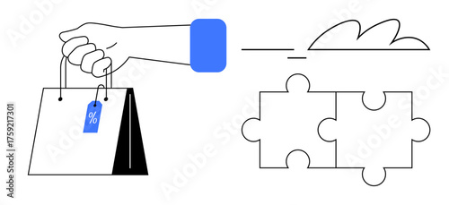 Hand carrying shopping bag with discount tag, next to two puzzle pieces and abstract cloud line. Ideal for shopping, business strategy, teamwork, problem-solving, marketing, discounts, simplicity