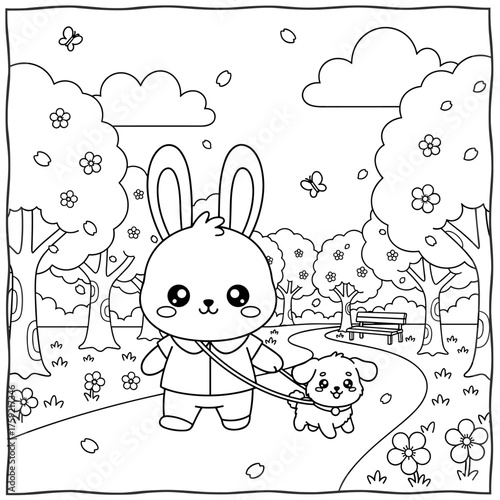 Vector illustration coloring page of a cute bunny walking a small dog in a sunny park with cherry blossoms and butterflies, hand drawn kawaii cartoon for kids