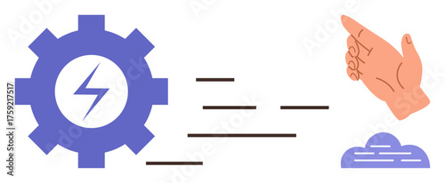 Gear with lightning bolt, hand pointing, and a cloud connected by motion lines. Ideal for efficiency, energy flow, direction, leadership, cloud computing innovation automation. Simple flat metaphor
