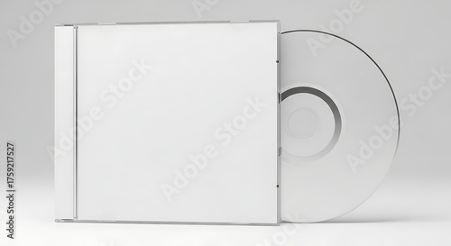 Blank white cd case and disc sitting on a white surface, ready for branding and design, offering a clean and modern presentation.