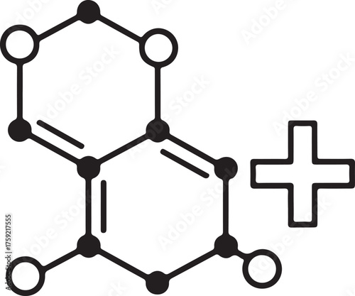 Simple chemical structure diagram with plus sign representing addition or reaction
