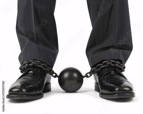 Businessperson's feet shackled by chains and ball, symbolizing constraints, debt, limitations, and financial burden in career or life choices