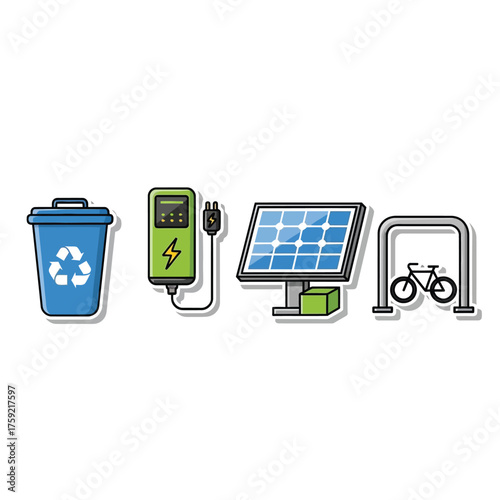 Illustration showing a recycling bin, electric vehicle charger, solar panel, and bicycle parking rack, representing environmental sustainability.