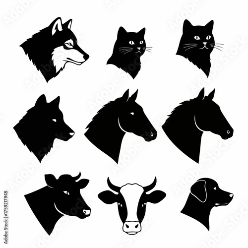 Silhouette Animal Head Black and White Illustration Set Isolated Elements