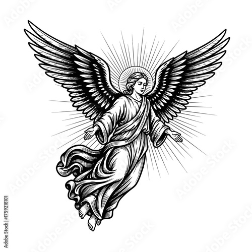 Biblical Angel in Flight Elegant Ink Style, Woodcut Inspired Engraving