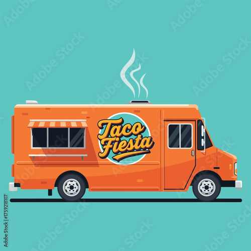 Illustration of an orange taco truck with "Taco Fiesta" text on the side, emitting steam against a teal background.