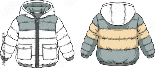 Children’s puffer jacket flat sketch, hooded winter coat fashion design, front and back technical drawing, outerwear template, cad drawing flat vector illustration