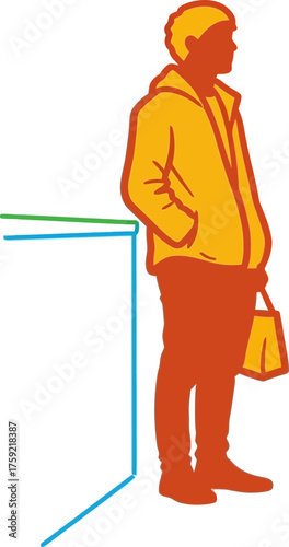 pensive figure leans, holding purchases, reflecting on urban landscapes flow