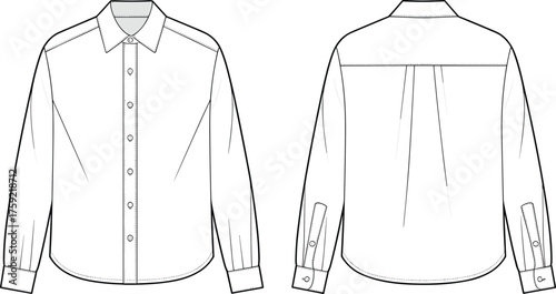 Men’s long sleeve button up shirt flat sketch, pointed collar fashion design, box pleat back detail, cad drawing flat vector illustration
