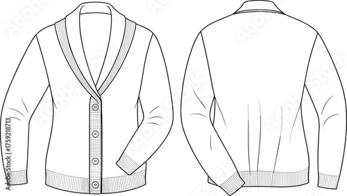 Men’s cardigan sweater flat sketch, shawl collar knitwear fashion design, ribbed cuff and hem detail, front and back technical drawing, cad drawing flat vector illustration