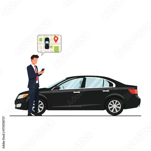 A businessman using a phone to track a car's location on a map.