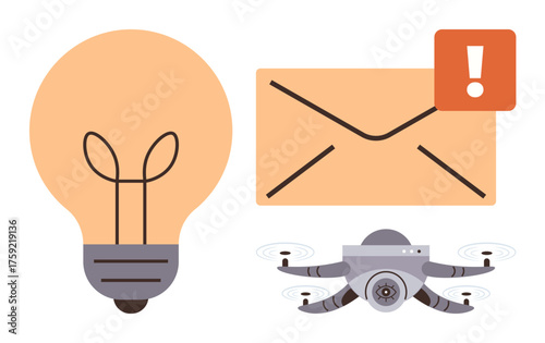 Light bulb symbolizing innovation, email envelope with alert icon for communication, and quadcopter for delivery. Ideal for technology, communication, logistics, automation, creativity, ideas modern