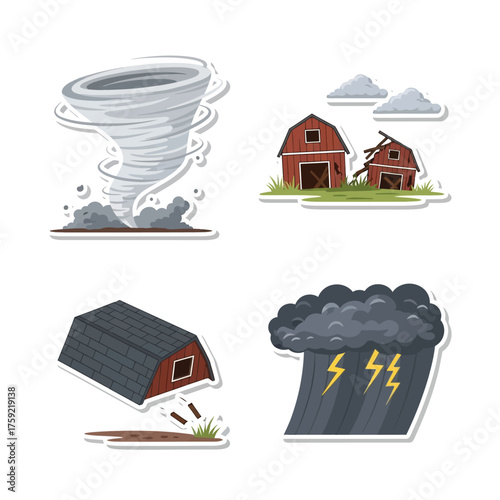 Illustrations of natural disasters including a tornado, damaged barns, and a severe lightning storm.