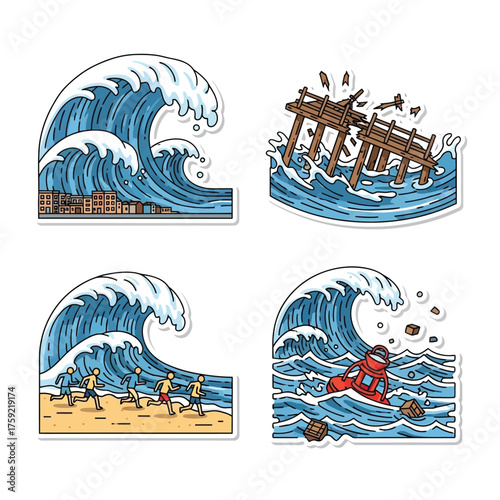 Four cartoon stickers illustrating a powerful tsunami disaster with waves hitting a city, destroying a gate, people fleeing, and a life raft.