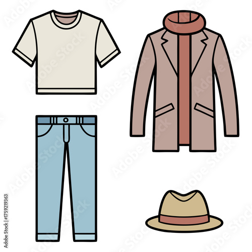 Casual menswear outfit flat lay with t shirt jeans jacket and hat