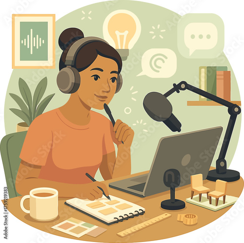 Young woman brainstorming podcast episode ideas with headphones and microphone, writing down creative concepts and storytelling plans, illustrating content creation vector