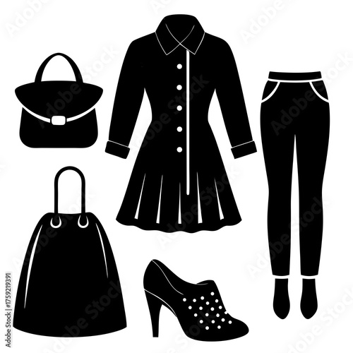 Black silhouette fashion outfit with dress pants bags and shoe
